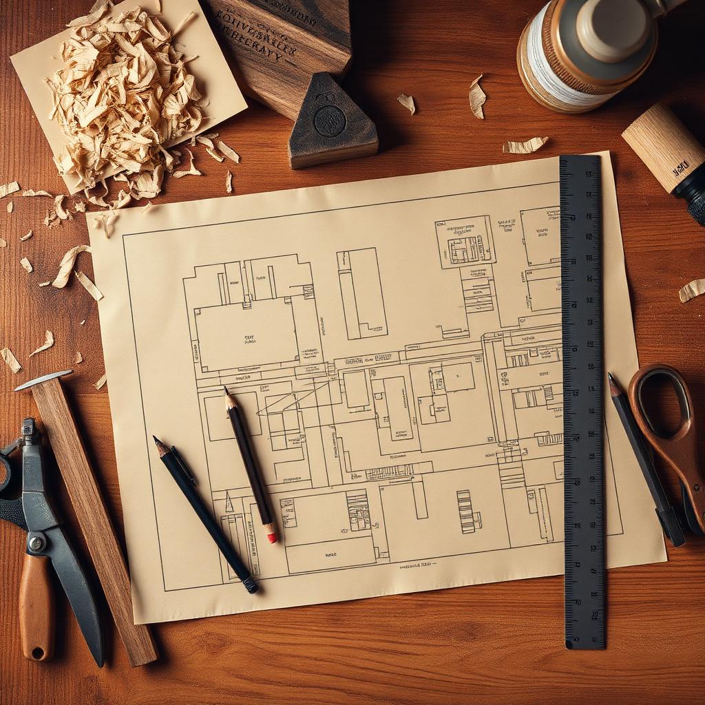 A workshop layout plan on a wooden bench