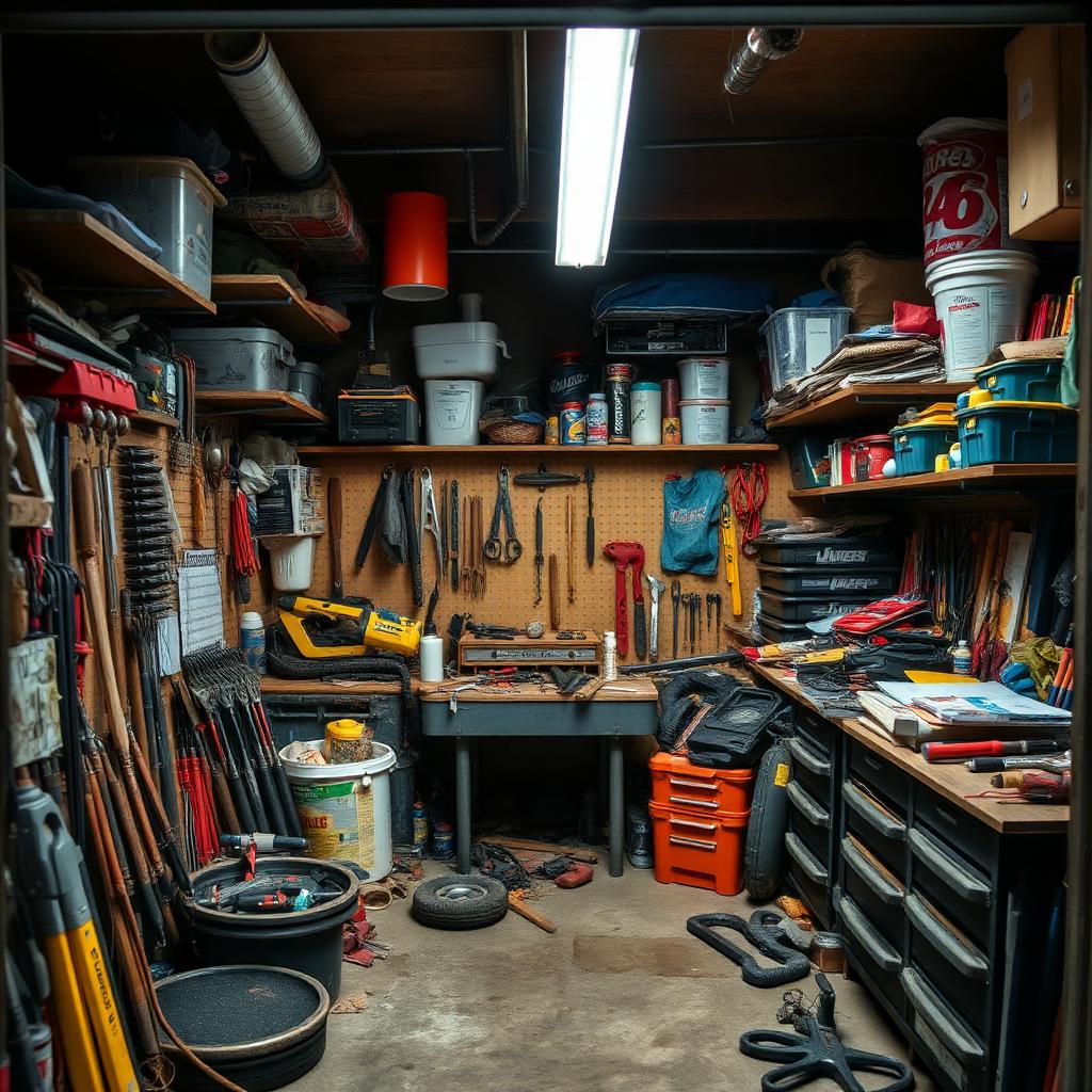 A cramped, disorganized garage workspace