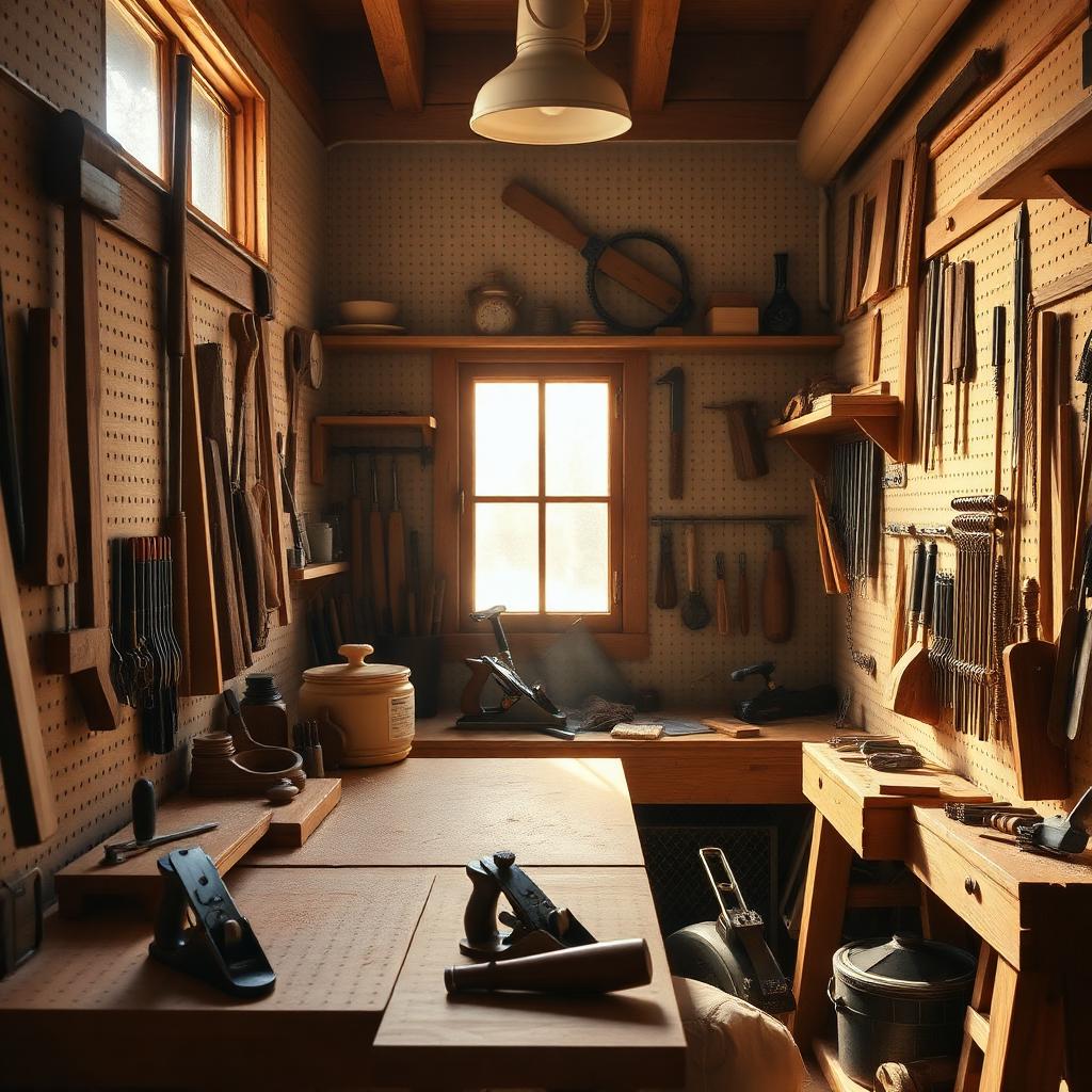 A small, well-organized home woodworking shop